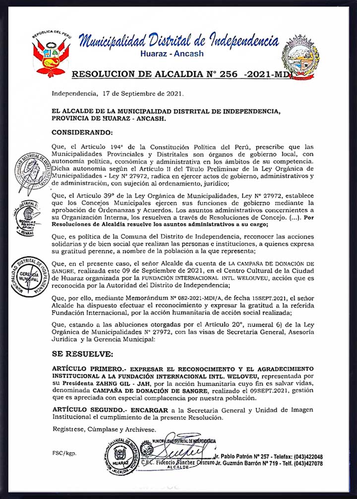 Resolution of Mayor of the District Municipality of Independencia, Province of Huaraz, Peru