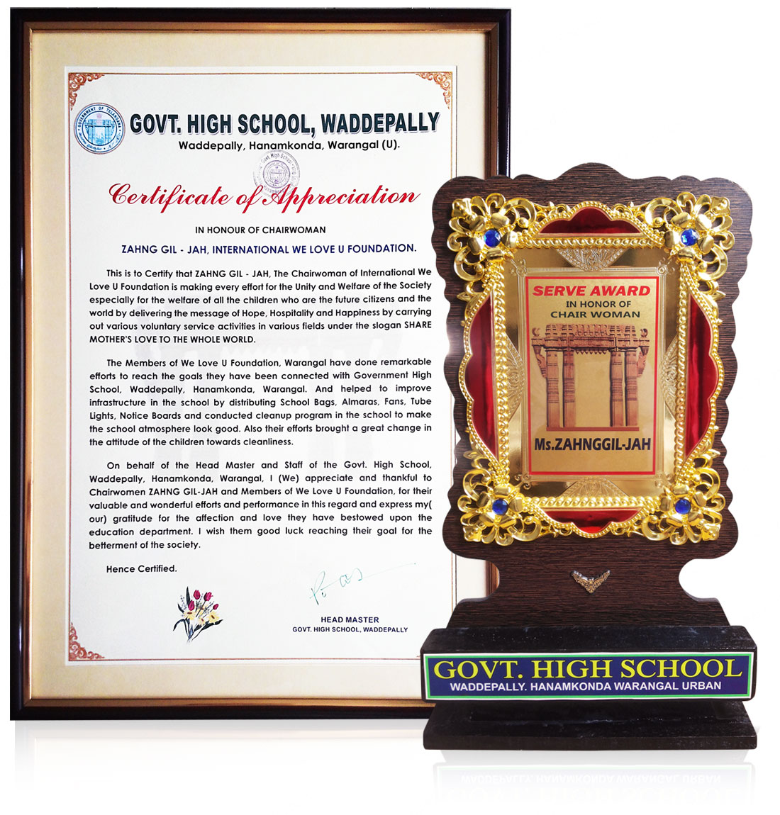 Certificate of Appreciation & Plaque of Appreciation from Head Master of Govt. High School, Waddepally in India