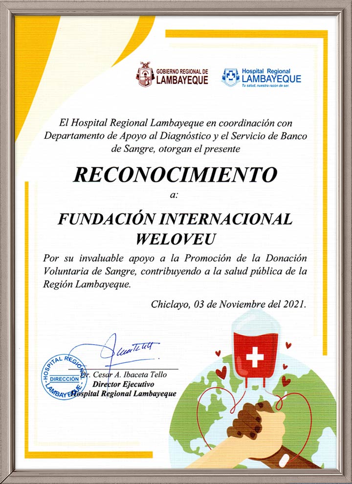Certificate of Appreciation from Director of Lambayeque Regional Hospital, Peru