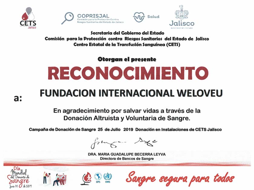 Certificate of Recognition From Director of Blood Banks in Jalisco, Mexico