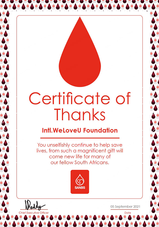 Certificate of Thanks from Chief Executive Officer of South African National Blood Services