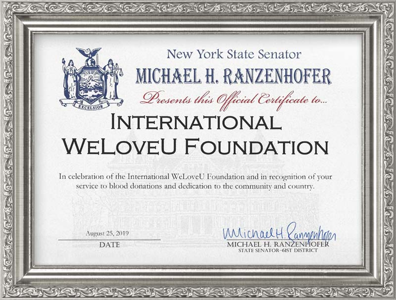 미국 뉴욕주 상원의원 표창장