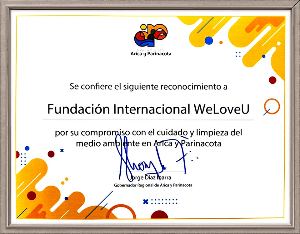 Certificate of Appreciation from Regional Governor of Arica y Parinacota, Chile