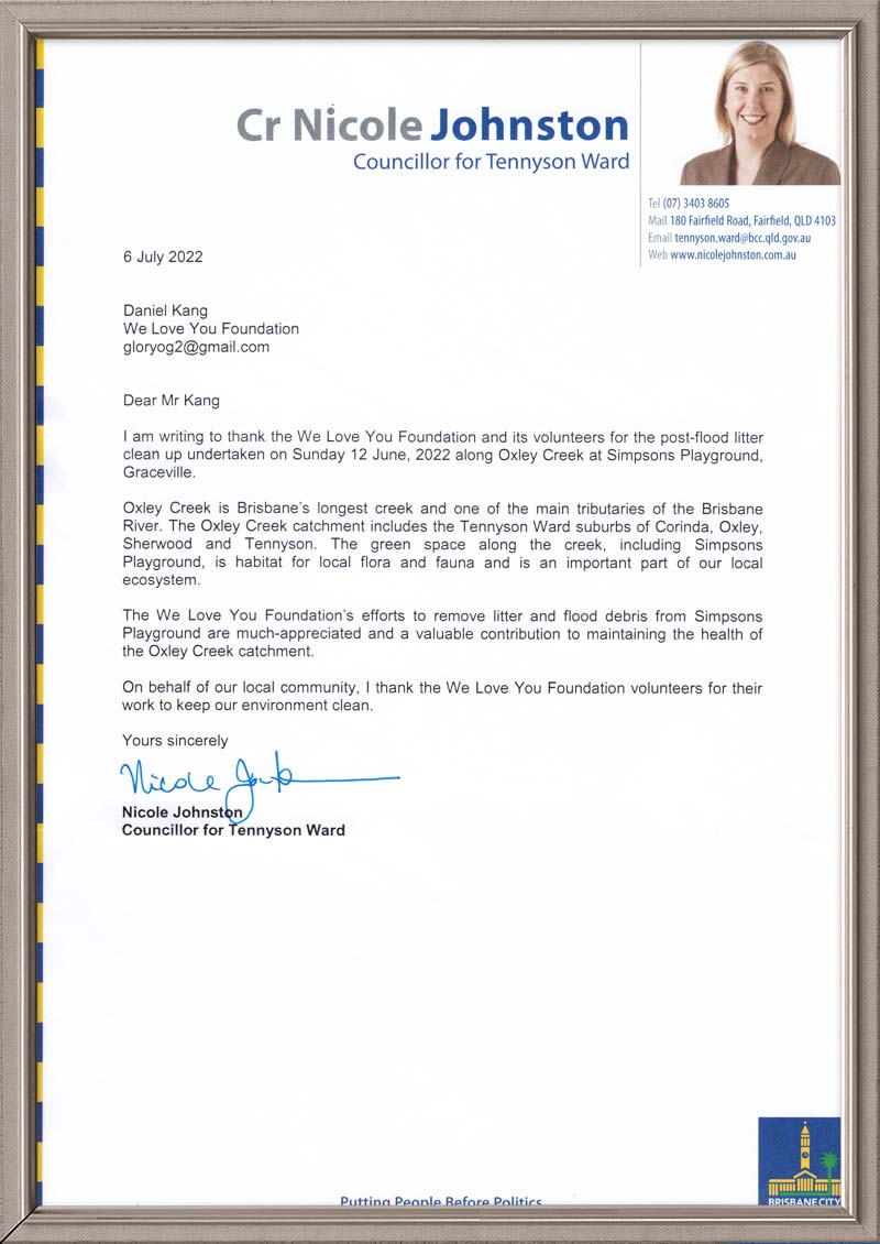 Letter of Appreciation from Councillor for Tennyson Ward of Brisbane City Council, Australia