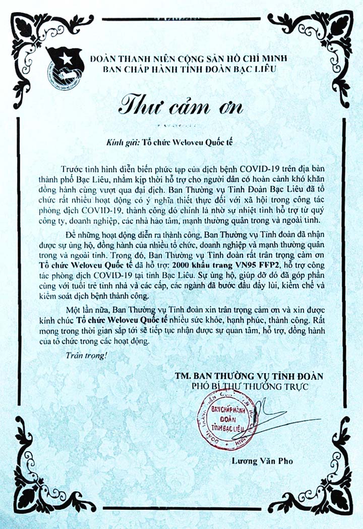 Letter of Appreciation from the Executive Committee of Bac Lieu Province, Vietnam