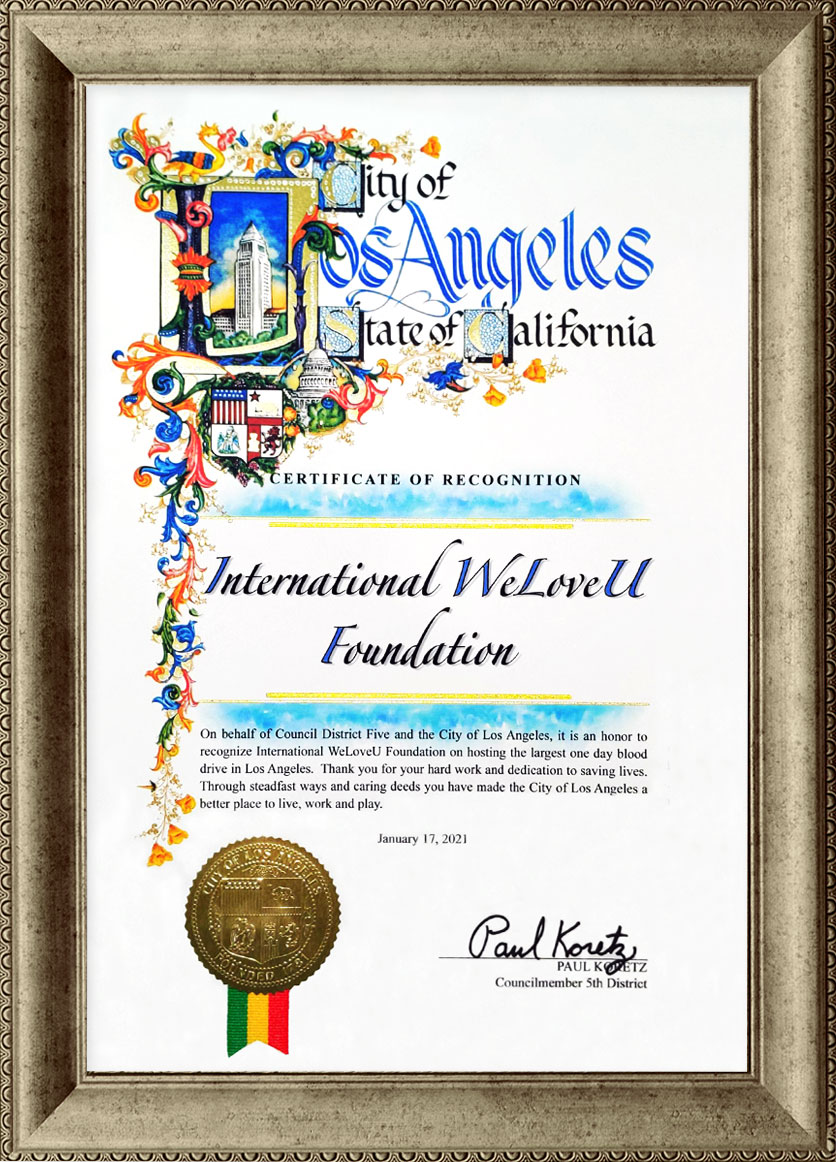 Certificate of Recognition from Councilmember for the 5th District of the City of Los Angeles in the U.S.