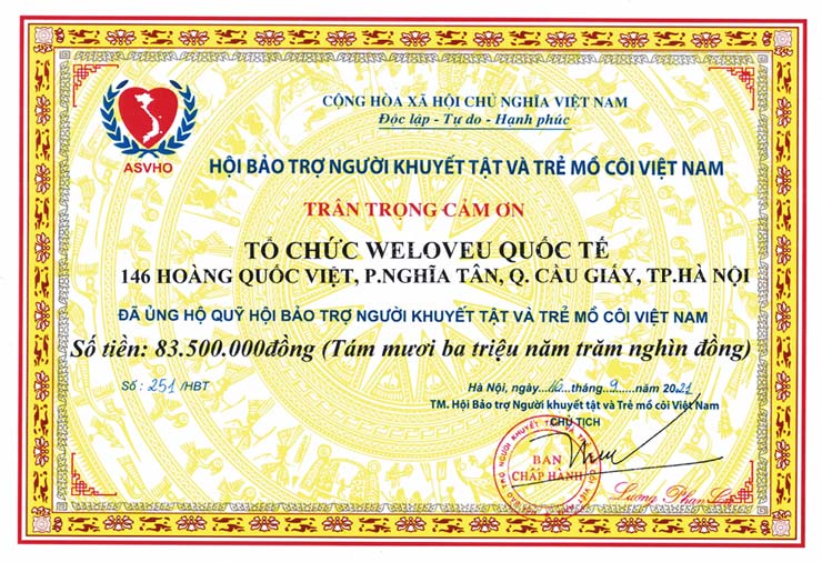 베트남 장애인 및 아동보호협회장 감사장