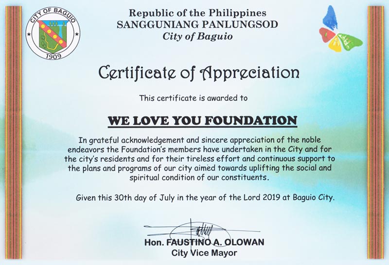 Certificate of Appreciation from City vice Mayor of Baguio, Philippines