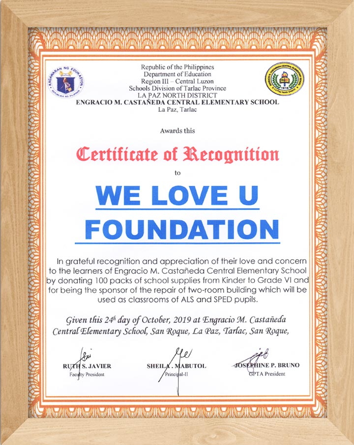 Certificate of Recognition from Principal of Engracio M. Castaneda Central Elementary School