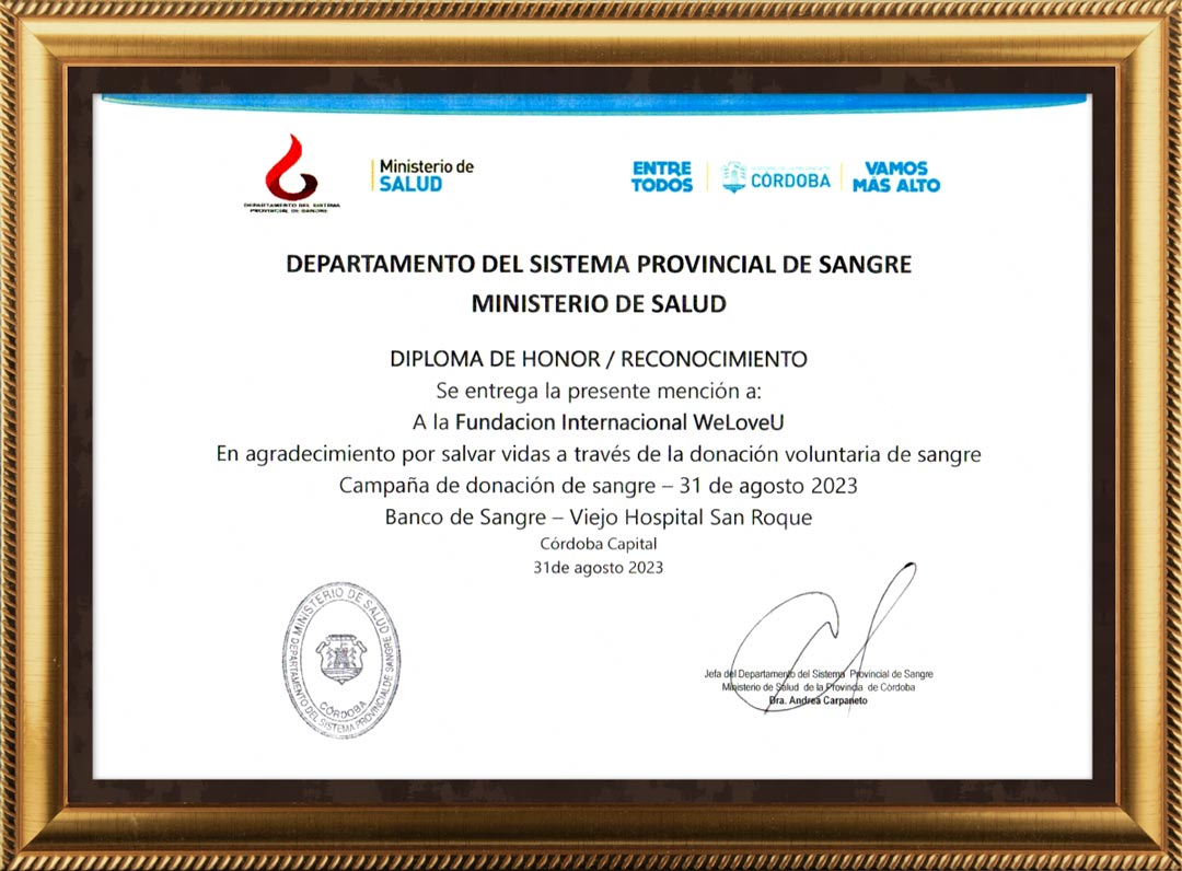 Certificate of Honor from Director of the Department of Provincial Blood System, Ministry of Health of the Province of Cordoba, Argentina