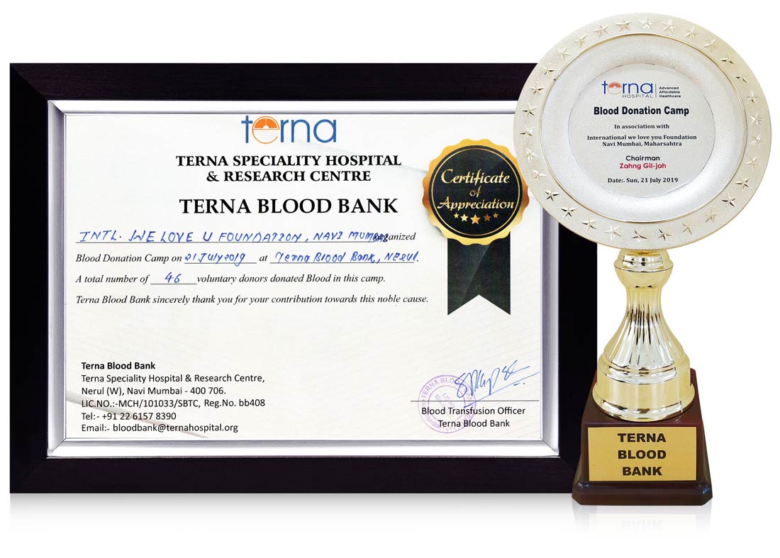 Certificate of Appreciation and Plaque from Terna Blood Bank in India