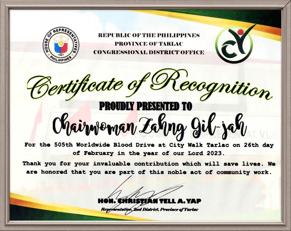 Certificate of Recognition from Representative of Tarlac, the Philippines