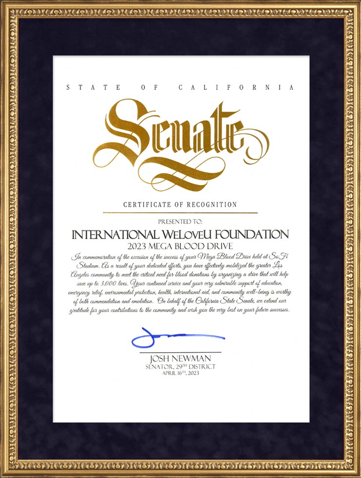 Certificate of Recognition from 29th District Senator, California, U. S.