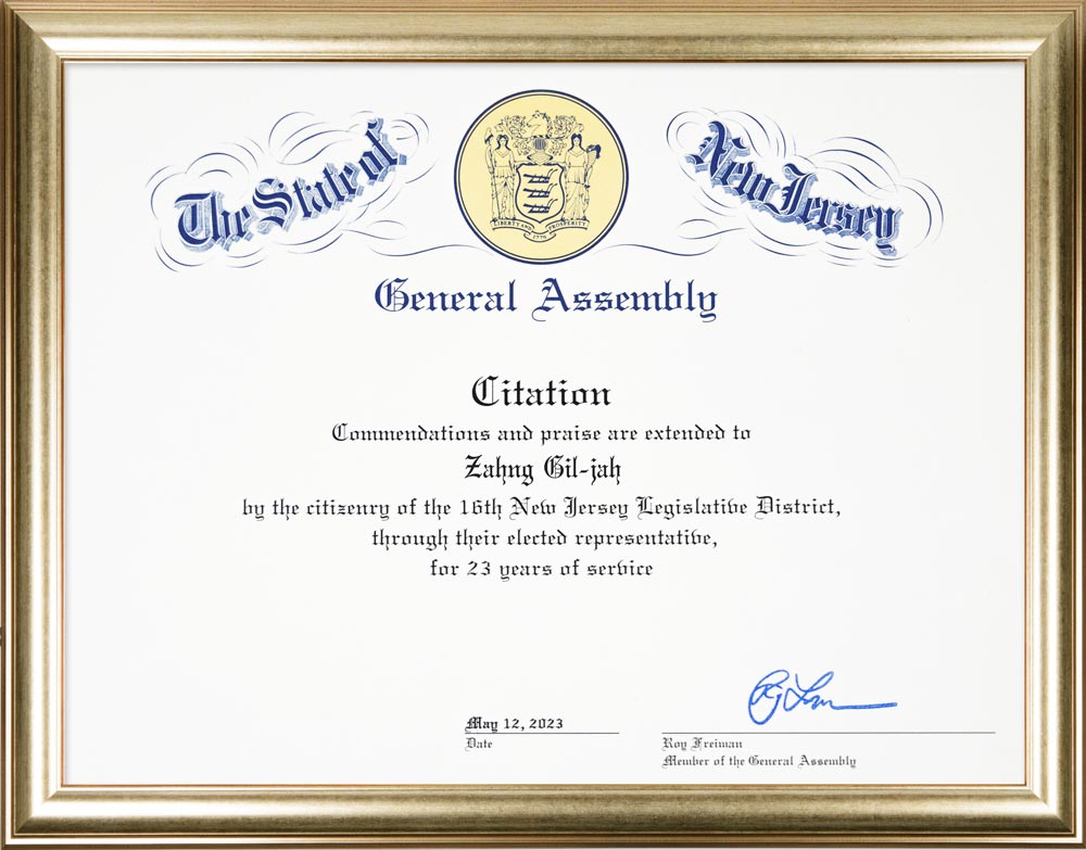 Certificate of Appreciation from Member of New Jersey General Assembly, U.S.