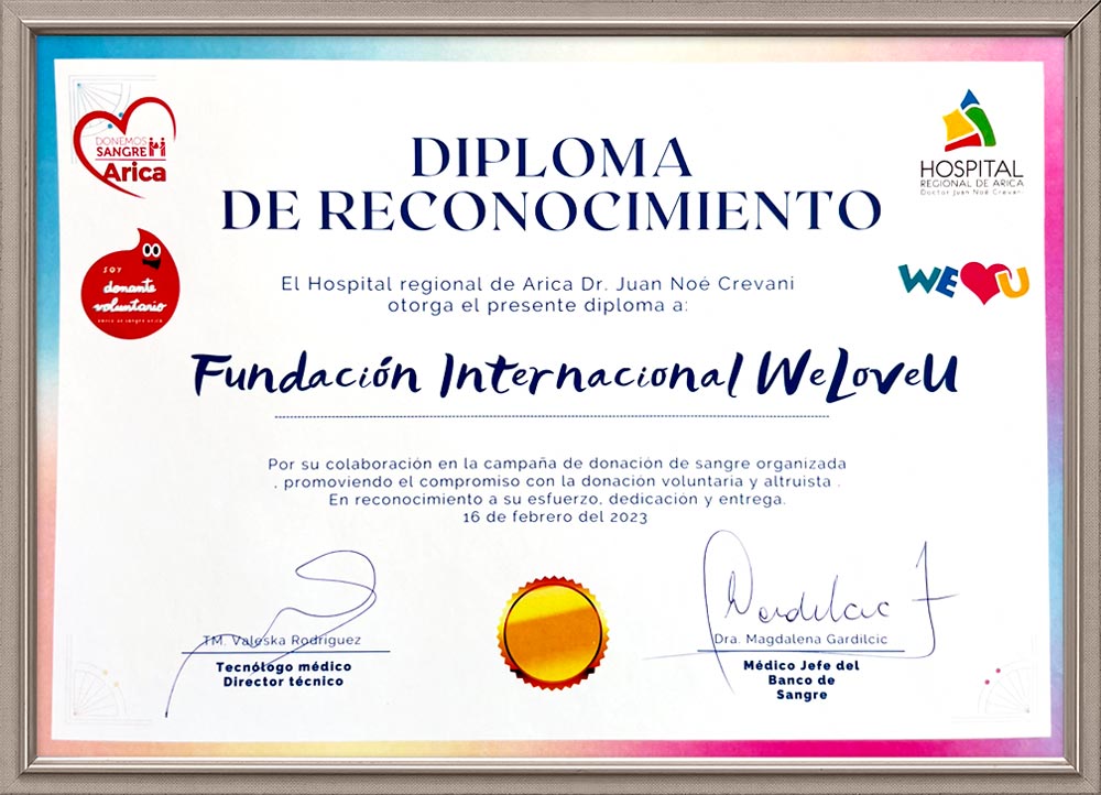 Certificate of Appreciation from Chief Medical Officer of Blood Bank of Regional Hospital of Arica Dr. Juan Noe Crevani, Chile