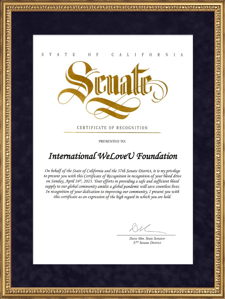 Certificate of Recognition from 37th District Senator, California, U. S.