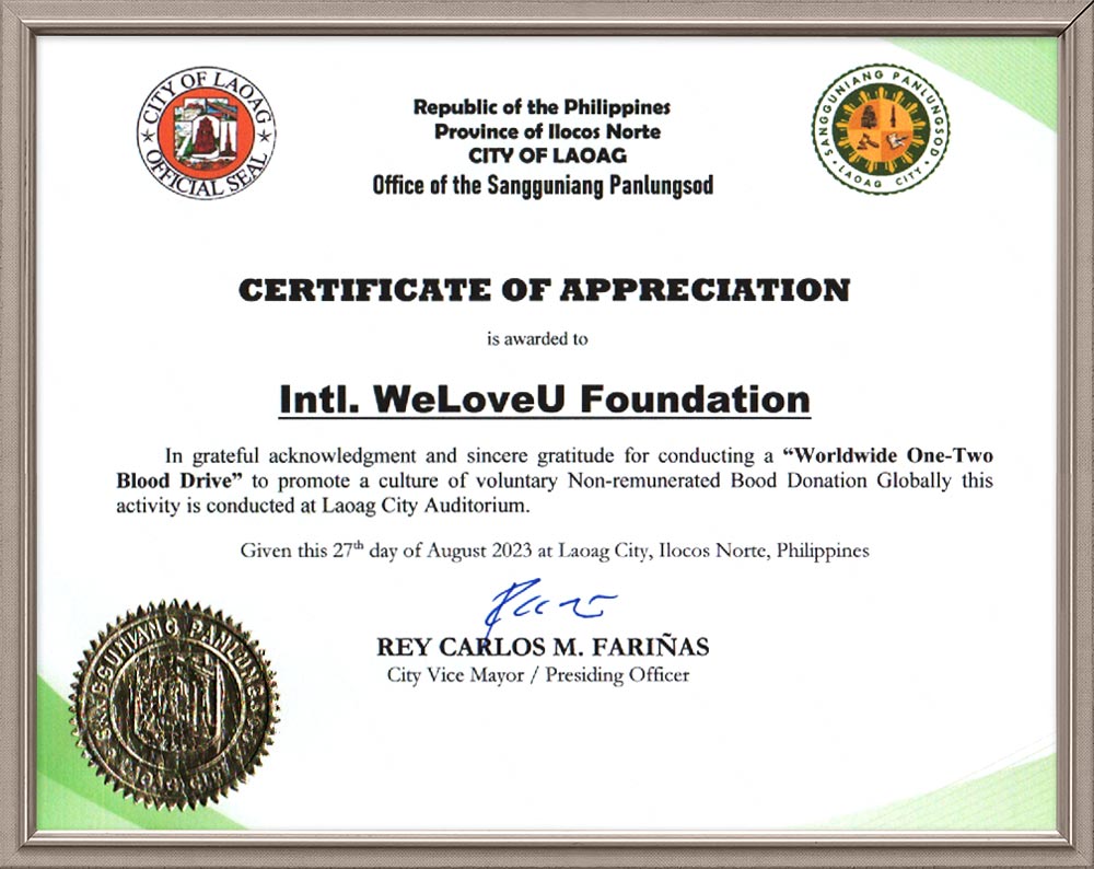 Certificate of Appreciation from Laoag City Vice Mayor, Philippines
