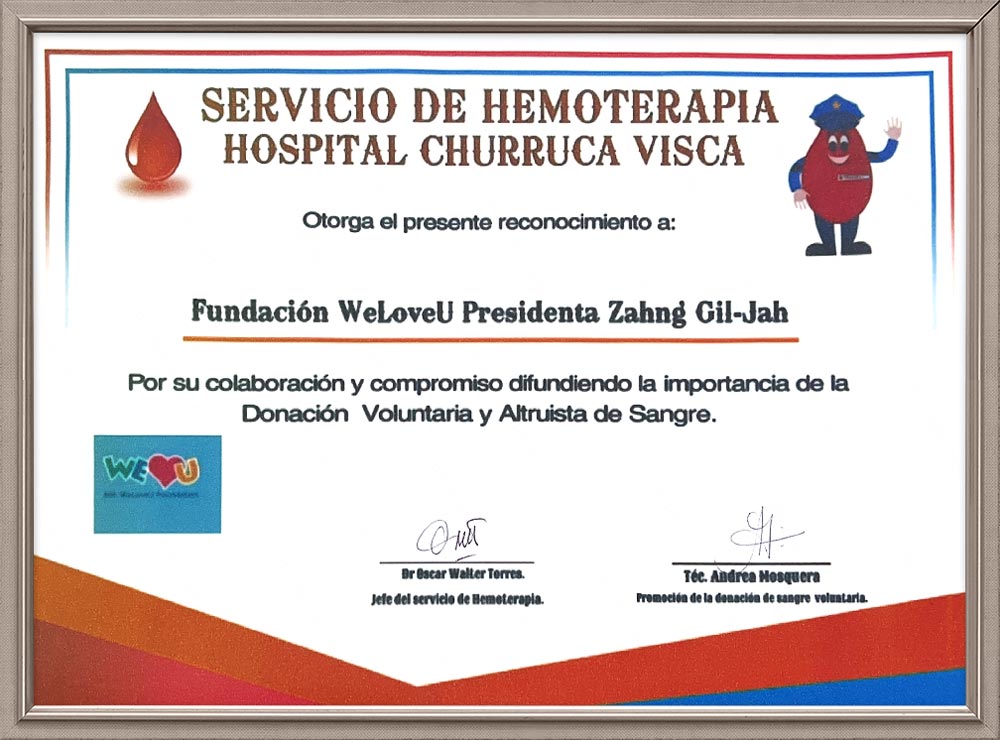 Certificate of Appreciation from Head of Hemotherapy Service in Churruca Visca Hospital, Argentina