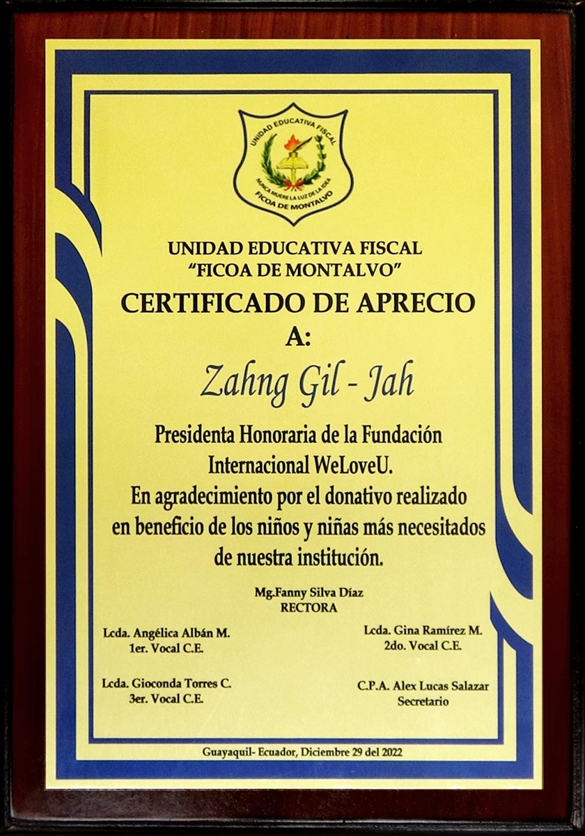 Plaque of Appreciation from Principal of Ficoa de Montalvo School, Ecuador