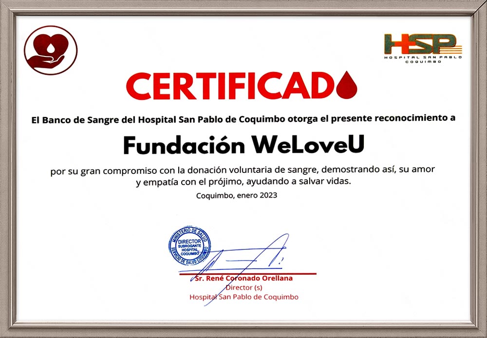 Certificate of Appreciation from Director of San Pablo Hospital of Coquimbo, Chile
