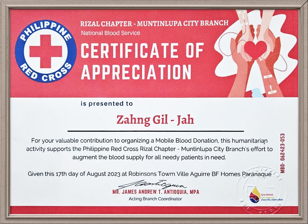 Certificate of Appreciation from Rizal Chapter-Muntinlupa City Branch of Philippines Red Cross