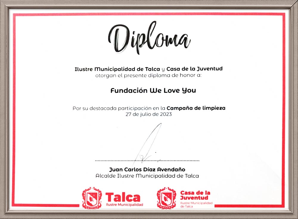 Certificate of Recognition from Mayor of Talca, Chile