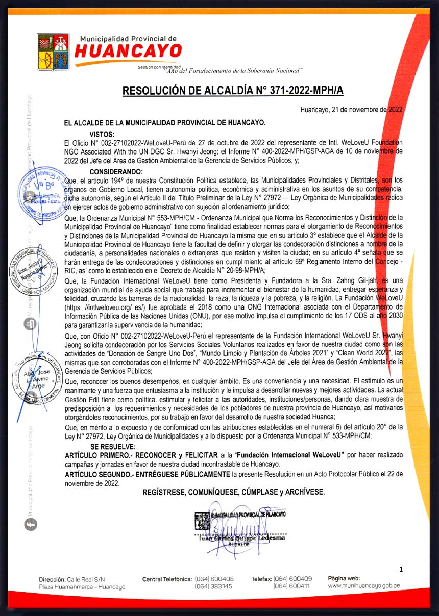Resolution from Mayor of Huancayo Province, Peru