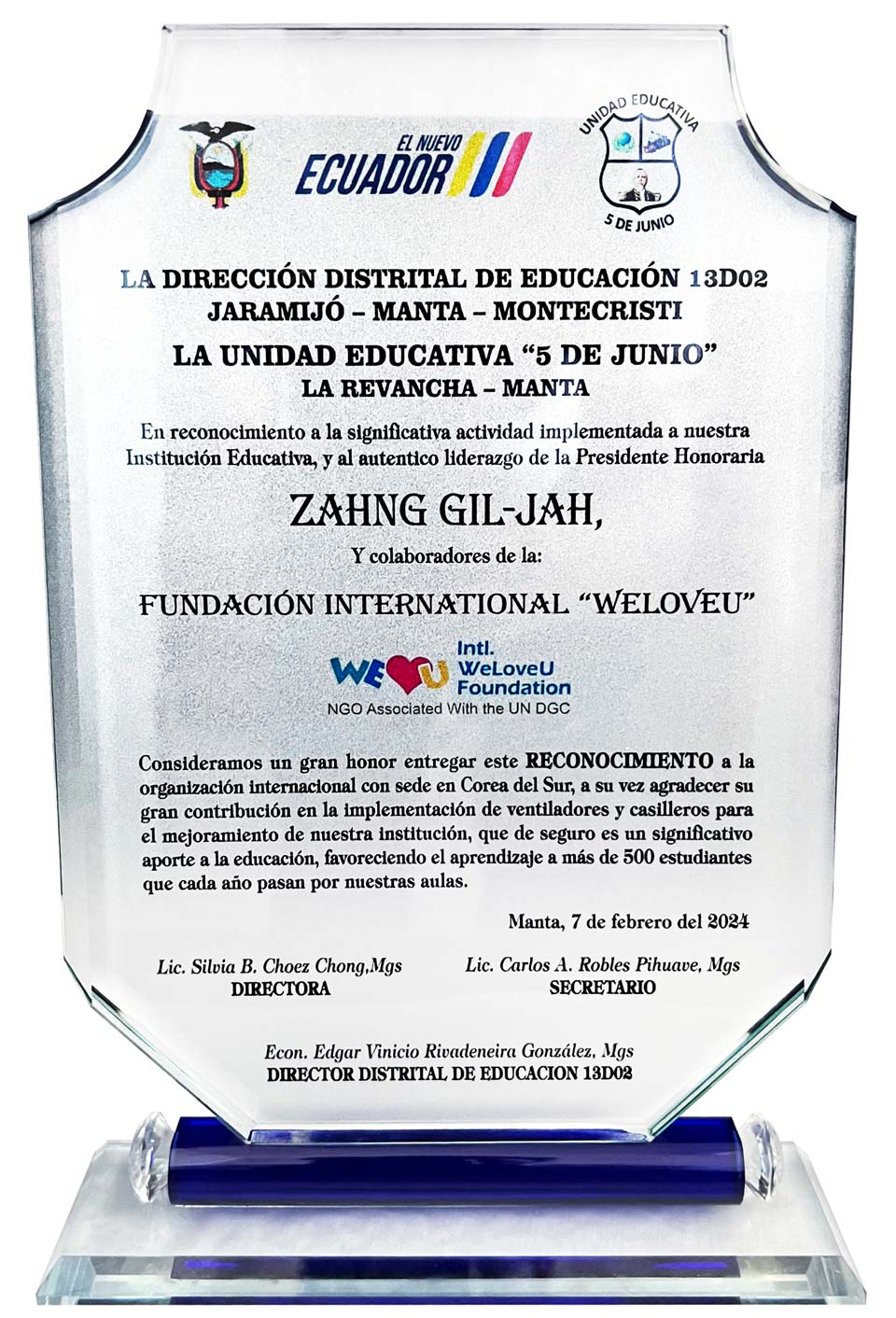 Placa de Reconocimiento del Director Distrital de Educación 13D02, Ecuador