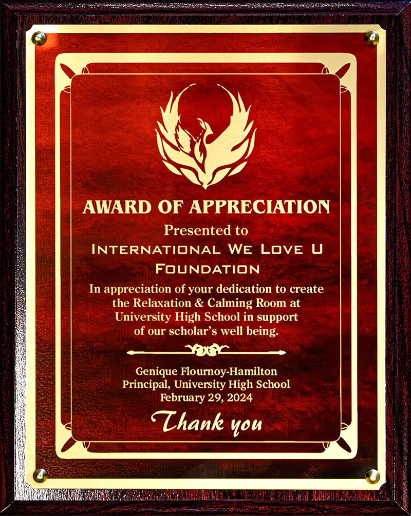 Plaque of Appreciation from Principal of University High School, NJ, U.S.