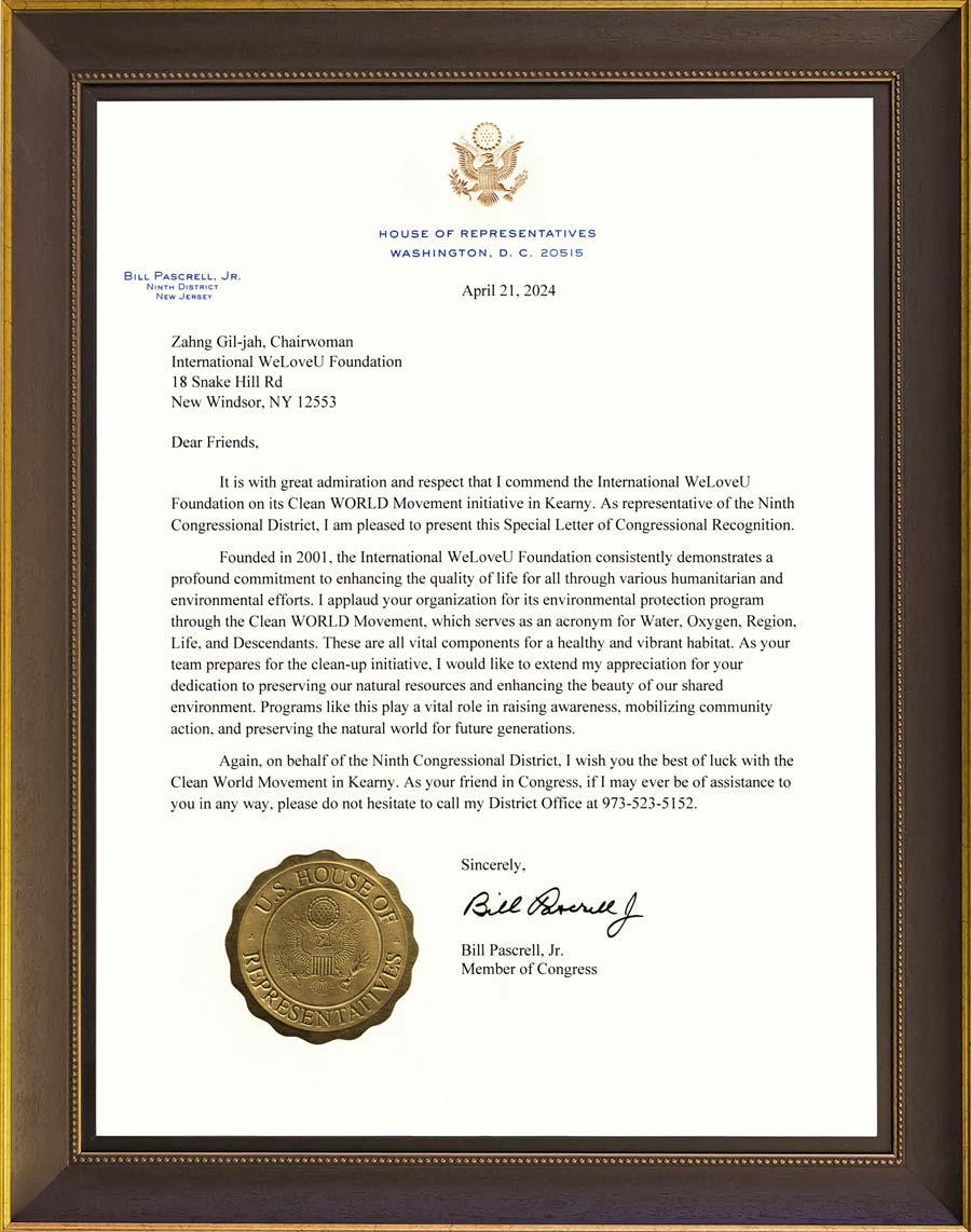 Letter of Appreciation from New Jersey State Congress Member, U.S.