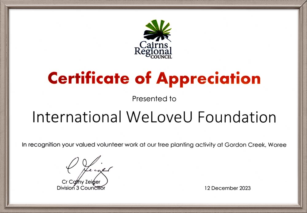 Certificate of Appreciation from Cairns Regional Council, Australia