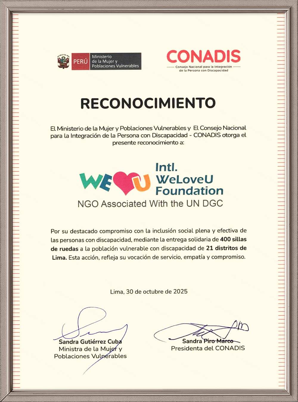 Certificate of Appreciation from Minister of Women and Vulnerable Populations, Peru