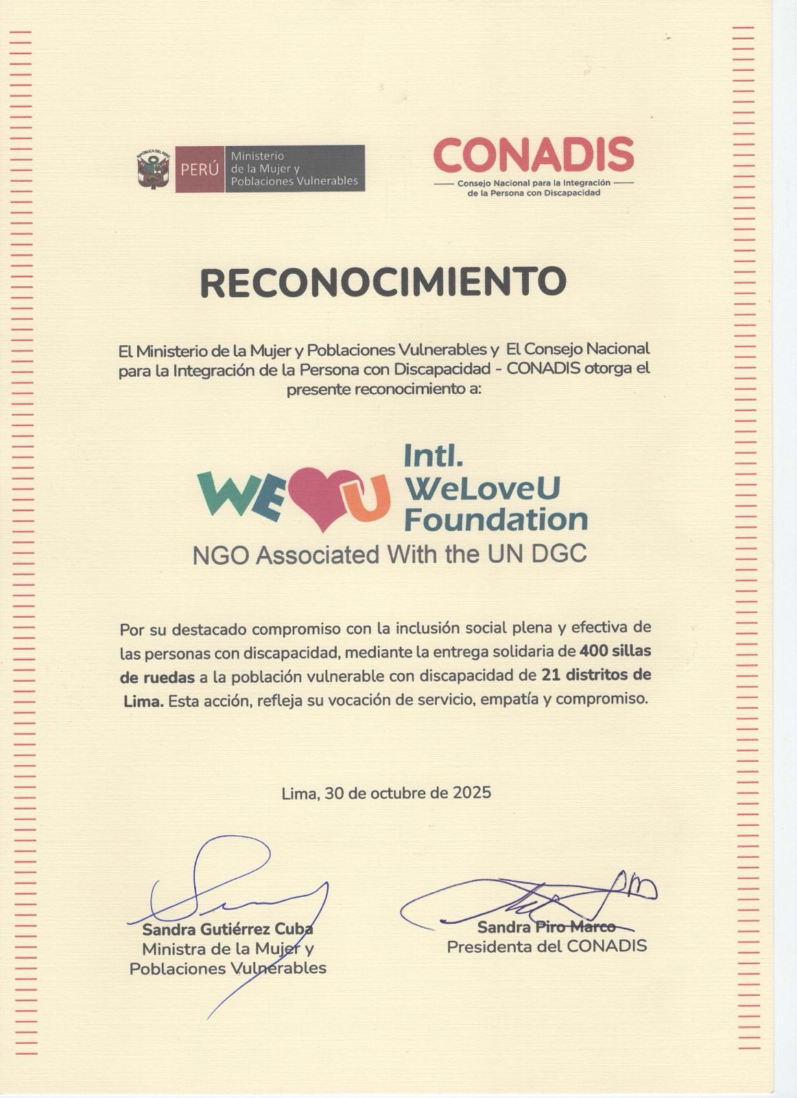 Certificate of Appreciation from Minister of Women and Vulnerable Populations, Peru