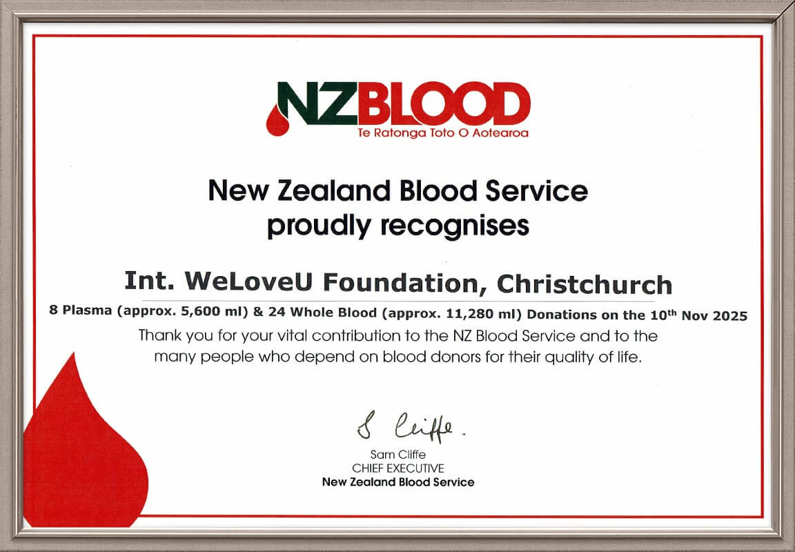 Certificate of Appreciation from Chief Executive of New Zealand Blood Service